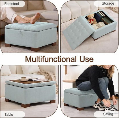 WUTUTUEE 30" Fabric Square Storage Ottoman with Wooden Tray, Modern Tufted Button Footstool Coffee Table, Upholstered Large Ottoman for Living Room, Bedroom, Blue