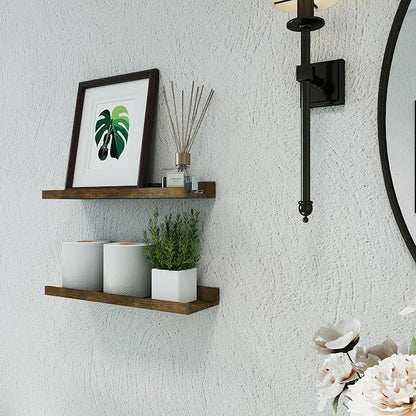 Floating Shelves for Wall Decor, Wall Mounted Wood Storage Shelf for Bedroom, Living Room, Bathroom, Kitchen, Nursery, Rustic Display Picture Ledge Shelf with Lip Set of 2-16 Inches, Brown