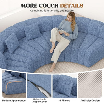 Luxanimarion 2PCS 1/8 Round Modular Sectional Sofa, 2 Seater Modern Curved Cloud Couch Modules, Convertible Boneless Couches for Living Room, No Assembly Required, Light Blue