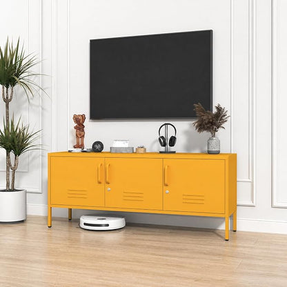 Metal Storage Cabinet with Adjustable Shelves Lockable TV Stand Home Tool Metal Cabinet Easy Assembly Yellow 22" H X 47.3" W X 13.8" D