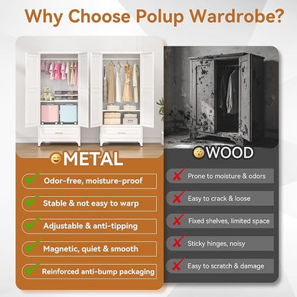 Polup Metal Wardrobe Closet with Doors and Shelves, 71" Tall Steel Armoire with Hanging Rod & Storage Drawer, Sturdy Freestanding Clothes Organizer for Bedroom, Office, Laundry Room, White