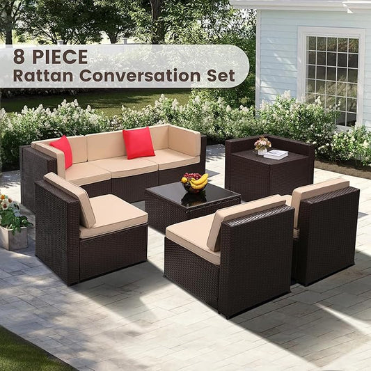 KROFEM 8-Piece Patio Furniture Set, Outdoor Wicker Rattan Sectional with Thick Cushions, Glass Top Table with Hidden Storage, Outdoor Conversation Set for Backyard, Porch, Patio, Beige