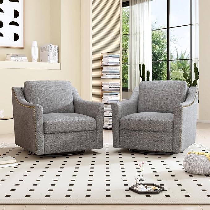 Swivel Accent Chair Set of 2，Armchair，Bronze Nail Decoration Comfy Living Room Chair,Single Sofa Chair，Reading Chairs,for Living Room Bedroom Reading Apartment (Gray, 2 Gray)