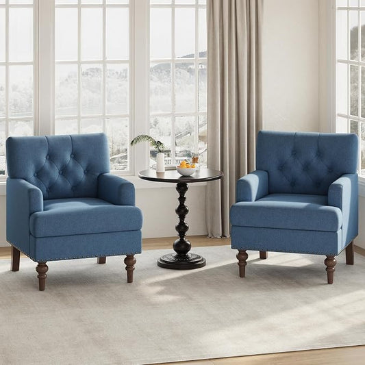 MALOL Upholstered Accent Chair Set of 2, Comfy Reading Chair for Living Room, Mid Century Modern Armchair with Thick Cushion & Solid Rubberwood Legs, for Bedroom/Small Spaces, Blue