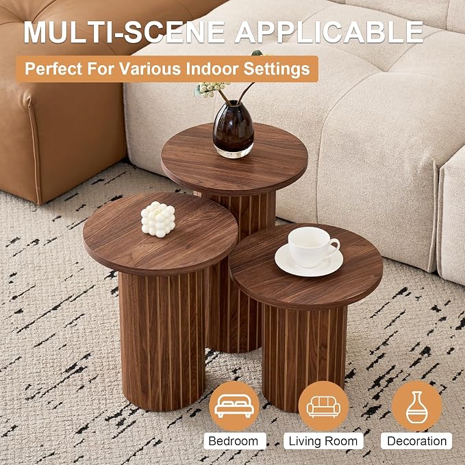 3-Piece Nesting Coffee Table Set, Modern Small Round Side Tables Fluted Drum Base, for Living Room Bedroom Apartment Small Space, Brown