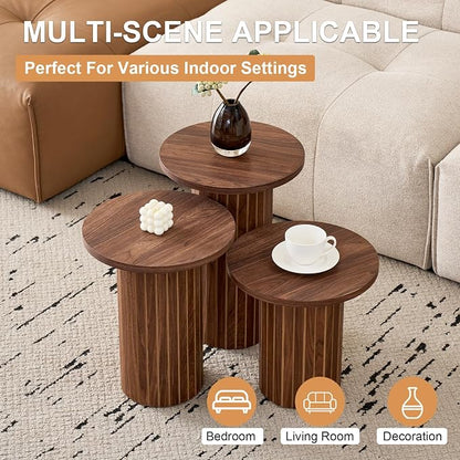 3-Piece Nesting Coffee Table Set, Modern Small Round Side Tables Fluted Drum Base, for Living Room Bedroom Apartment Small Space, Brown