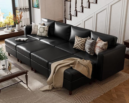 ABCASA 118.5" Faux Leather Oversized Sleeper Sofa Bed with Storage Seat, 8 Seat Modular Sectional Couch Deep Seat with Reversible Chaises & Movable Ottoman - Black
