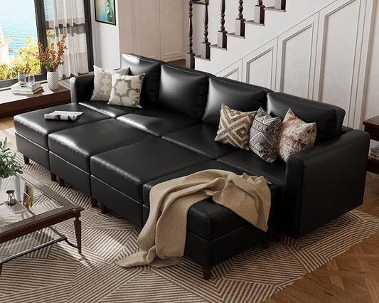 ABCASA 118.5" Faux Leather Oversized Sleeper Sofa Bed with Storage Seat, 8 Seat Modular Sectional Couch Deep Seat with Reversible Chaises & Movable Ottoman - Black