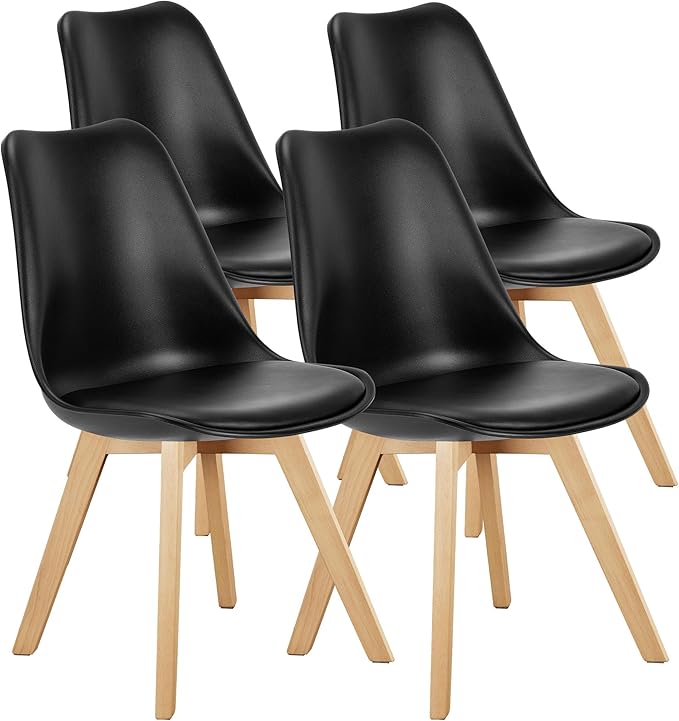 OLIXIS Dining Chairs Set of 4, Mid Century Modern Accent Chairs with Curved Backrest and Wood Legs, PU Leather Upholstered Kitchen Side Chair for Living Room, Bedroom, Outdoor Patio, Black