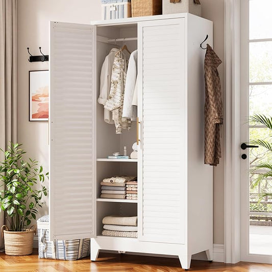 Metal Armoire Wardrobe Closet with 2 Doors, 71" Tall Clothes Cabinet with Adjustable Hanging Rod and 2 Shelves,White Steel Storage Locker Cabinets for Bedroom,Bathroom Employees,Gym,Garage