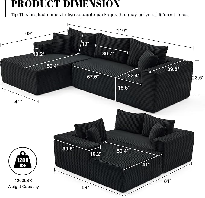Mangodan 110” Cloud Sectional Couch, Boneless Sofa for Living Room, Modular Sectional Sofa with Deep Seat, Comfy Fluffy Couch with L-Shaped Chaise, No Assembly Required (Left-Facing Chaise, Black)