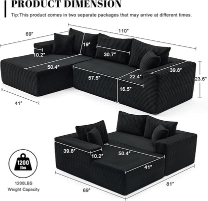 Mangodan 110” Cloud Sectional Couch, Boneless Sofa for Living Room, Modular Sectional Sofa with Deep Seat, Comfy Fluffy Couch with L-Shaped Chaise, No Assembly Required (Left-Facing Chaise, Black)