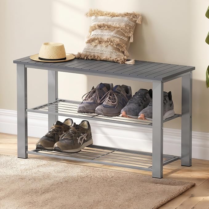 Simple Houseware Wood Top Shoe Storage Bench for Entryway, Grey