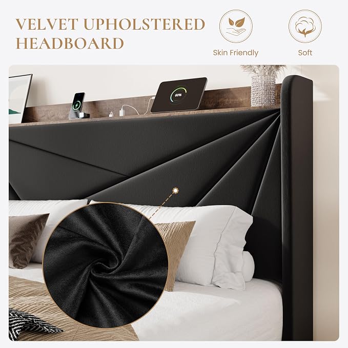 SHA CERLIN Full Size Bed Frame with 3 Drawers, USB & Type-C Charging Ports, Velvet Upholstered Platform Bed with Modern Geometric Wingback Storage Headboard, No Box Spring Needed, Easy Assembly, Black