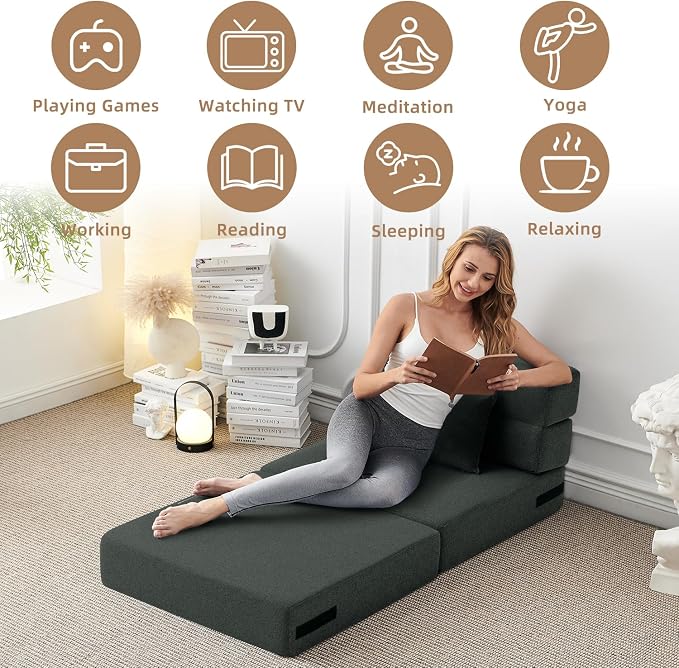 FILUXE Folding Sofa Bed | Convertible Sleeper Chair Bed for Adults, Fold Out Chair to Bed Linen Futon Chair with Pillow, for Home Dorm Apartment RV Living Room, Single Size Dark Gray
