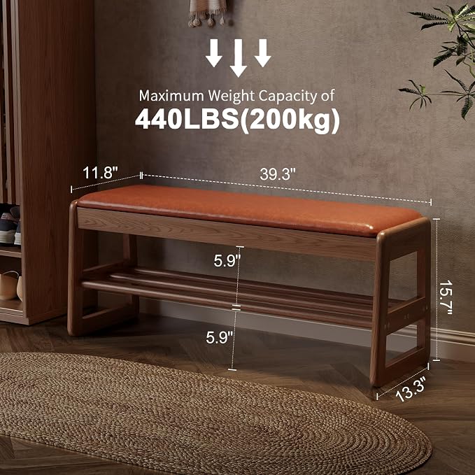 AQIMUELE Shoe Rack Bench,2 Tiers Shoe Bench with Storage with Flip-Top,Wood Shoe Rack for Entryway,Hallway（Orange Upholstered Seat,11.8" D x 39.3" W x 15.7" H）