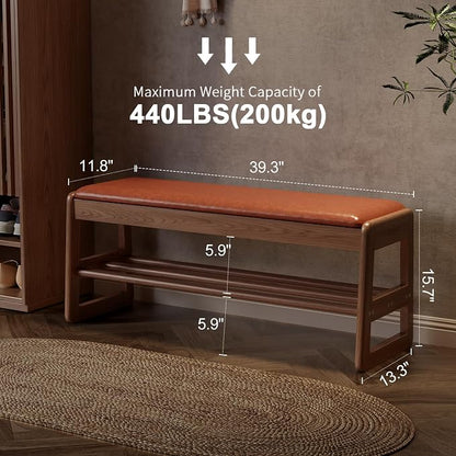 AQIMUELE Shoe Rack Bench,2 Tiers Shoe Bench with Storage with Flip-Top,Wood Shoe Rack for Entryway,Hallway（Orange Upholstered Seat,11.8" D x 39.3" W x 15.7" H）