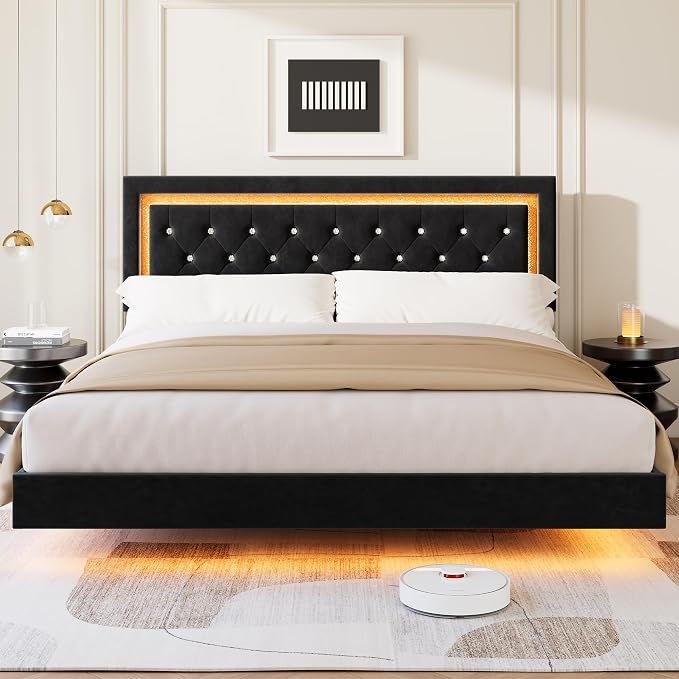 Garvee Floating Bed Frame King Size with Smart Led Lights, Upholstered Platform Bed with Diamond Headboard, Solid Wood Slats Support, No Box Spring Needed, Noise-Free, Easy Assembly, Black