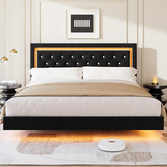 Garvee Floating Bed Frame King Size with Smart Led Lights, Upholstered Platform Bed with Diamond Headboard, Solid Wood Slats Support, No Box Spring Needed, Noise-Free, Easy Assembly, Black
