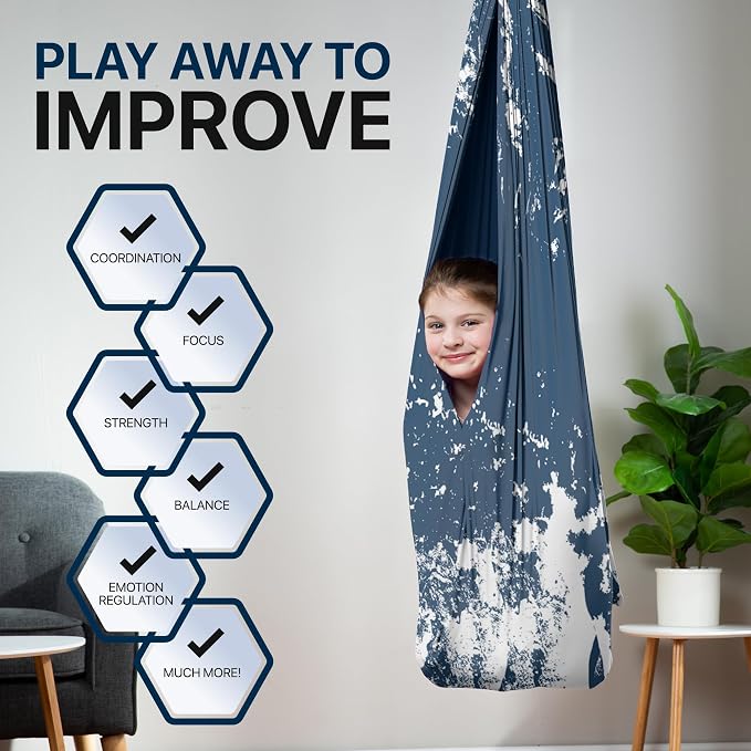 Indoor Sensory Swing for Kids or Outdoor – Holds 300lbs, Double-Layer, & 360° Swivel, Calming Compression Therapy Swing Hammock for Kids & Adults with All Hardware – Sensory-Motor Toys & Gifts