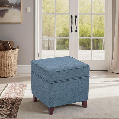 Adeco 17" Square Ottoman with Storage, Small Blue Storage Ottoman Foot Rest with Hinged Lid & Solid Wood Legs, Linen Fabric Foot Stool for Living Room & Bedroom, Seasonal Home Refresh & Gifting