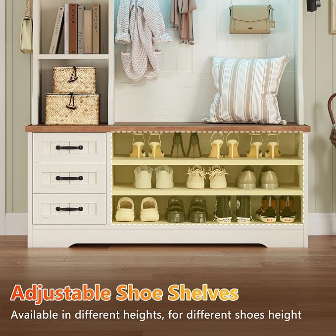 TVU Storage Hall Tree with Bench & 3 Drawers, 22-in-1 Coat Rack With 9 Coat Hooks, Farmhouse Entryway Bench With 9 Open Shelves for Hallway, Entryway (Hall Tree)