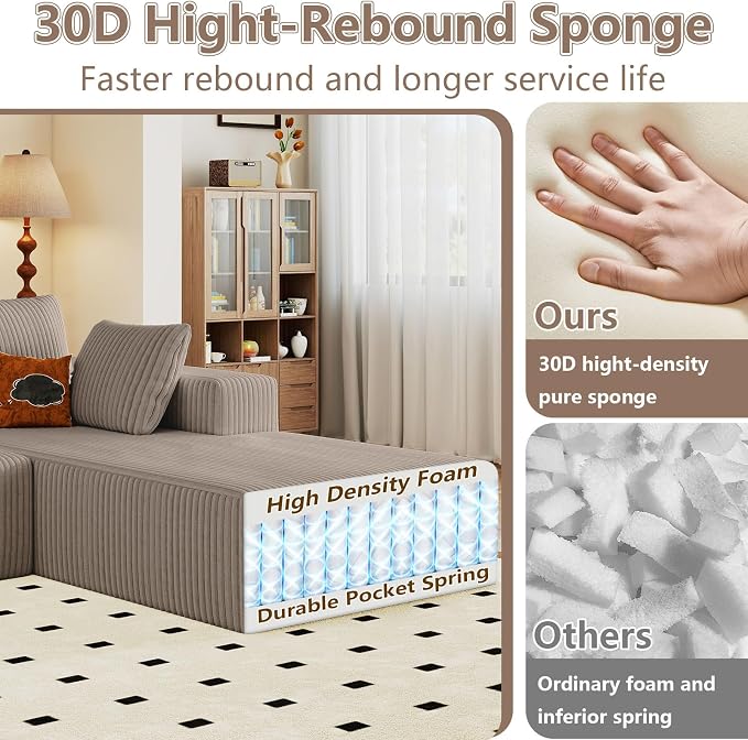 95" Cloud Sectional Couch with L-Shape Chaise, Modular Comfy Sofa Chaise Longue, Upholstered Corduroy Couches Sleeper with Deep Seat for Living Room Bedroom, No Assembly Required(Camel, Right Facing)
