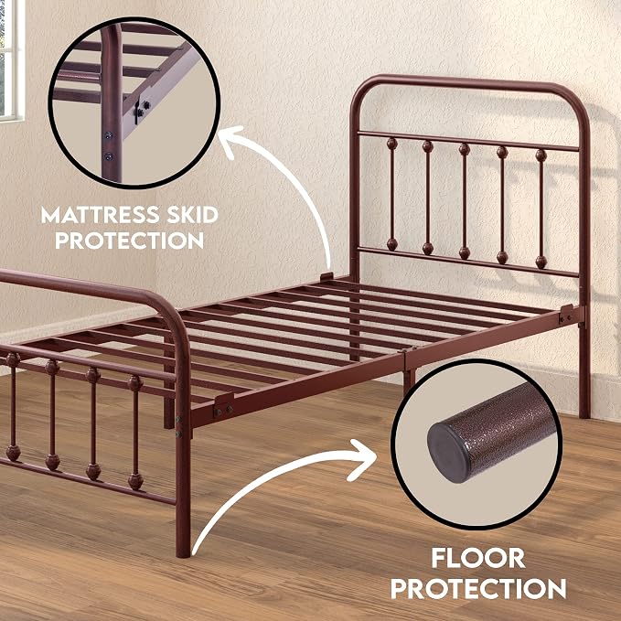 Golden Gate Beds Vintage Wrought Iron BedFrame with Classic Metal Platform Base, Headboard and Footboard, No Box Spring Needed, Easy Assembly, Mattress Base, Noise-Free, Sleek Brown Finish - Twin Size