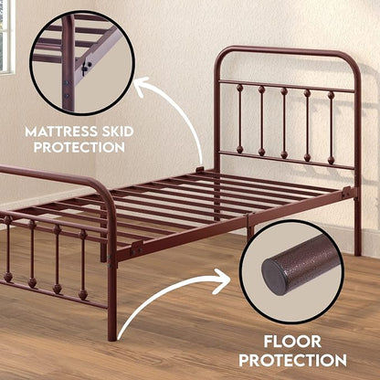 Golden Gate Beds Vintage Wrought Iron BedFrame with Classic Metal Platform Base, Headboard and Footboard, No Box Spring Needed, Easy Assembly, Mattress Base, Noise-Free, Sleek Brown Finish - Twin Size