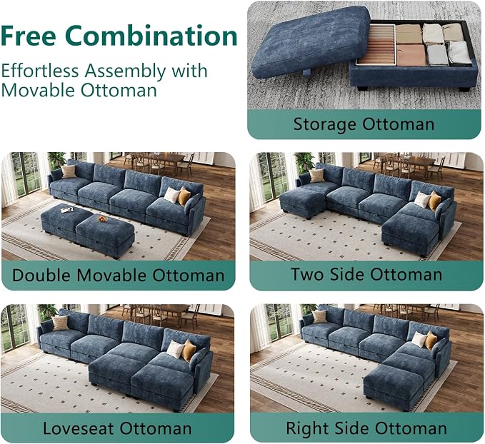Modular Sectional U Shaped Sofa Couches for Living Room, Cloud Couch with Storage Ottoman, Comfy Chenille Sofa with Pillow, Blue