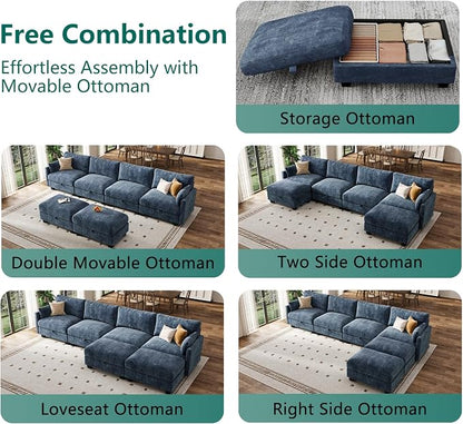 Modular Sectional U Shaped Sofa Couches for Living Room, Cloud Couch with Storage Ottoman, Comfy Chenille Sofa with Pillow, Blue