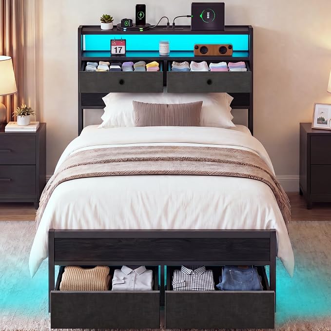 Twin Bed Frames with LED Lights and Charging Station, Platform Bed with Metal Slats, Wood Headboard with 2 Fabric Drawers and Storage Shelves, No Box Spring Needed