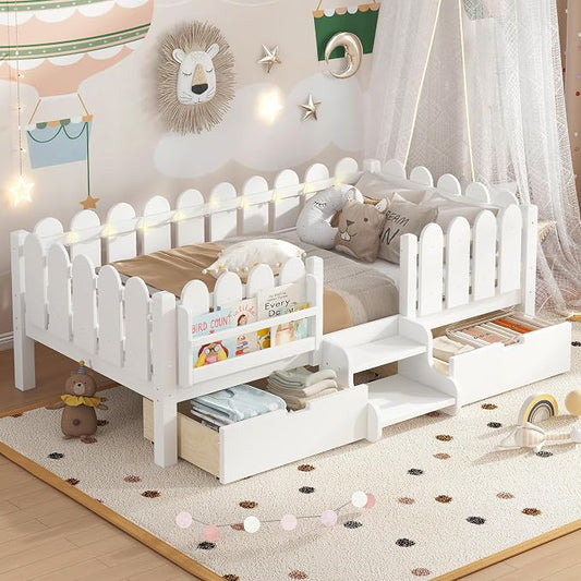 Bellemave Twin Montessori Bed with Stairs, Lights, Rails and Slats, Twin Size Montessori Floor Bed with Bookshelf and 2 Storage Drawers, Easy Assemble Beds Frame for Girls, Boys, White