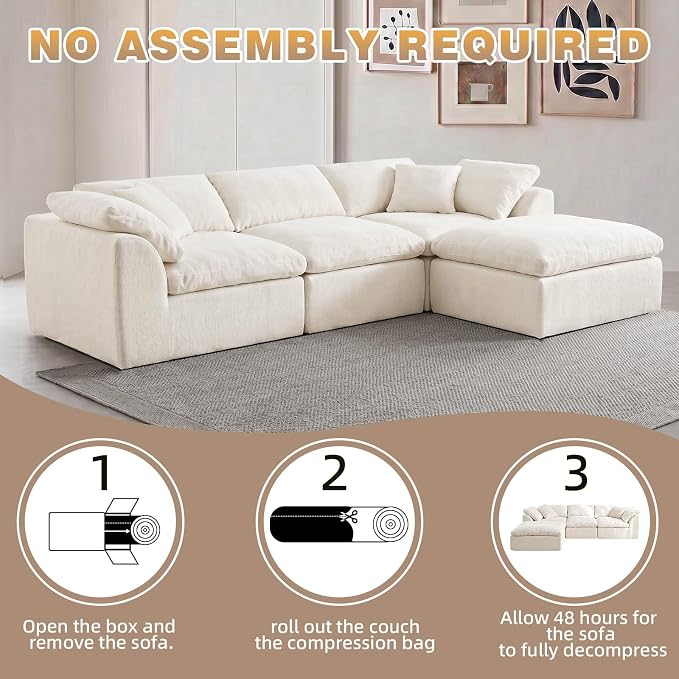 110" Boneless Cloud Couch Sectional for Living Room, Oversized Modular L Shaped Sofa with Ottoman, Deep Seat Chenille Sectional Couch for Cloud-Like Comfort (Beige)