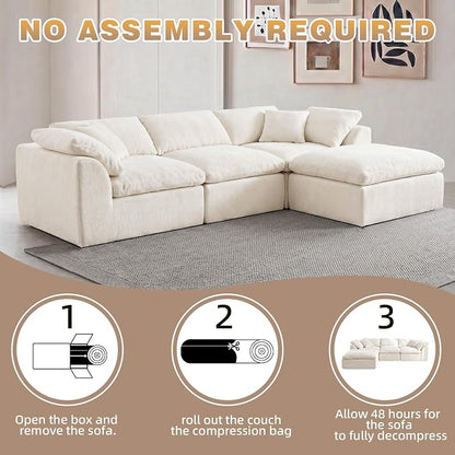 110" Boneless Cloud Couch Sectional for Living Room, Oversized Modular L Shaped Sofa with Ottoman, Deep Seat Chenille Sectional Couch for Cloud-Like Comfort (Beige)