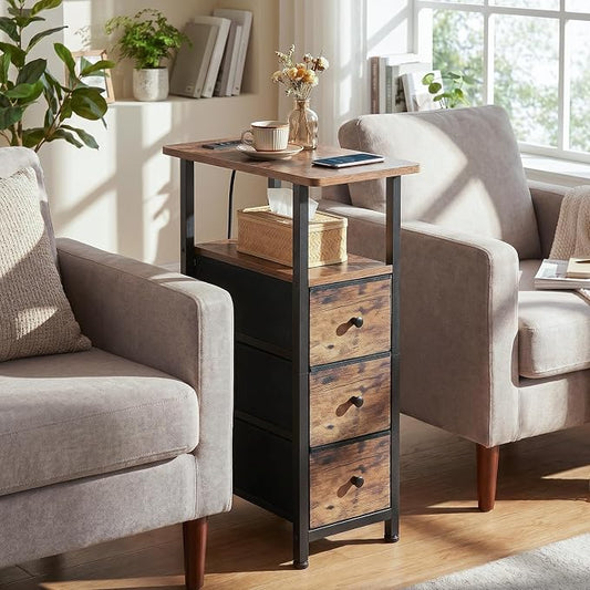 LOAKEKEL Narrow End Tables Living Room Set of 2 with Charging Station, Skinny Side Table with Fabric Drawers, Slim Nightstand for Bedroom, Small Spaces, Couch, Brown, HETNDP03BR