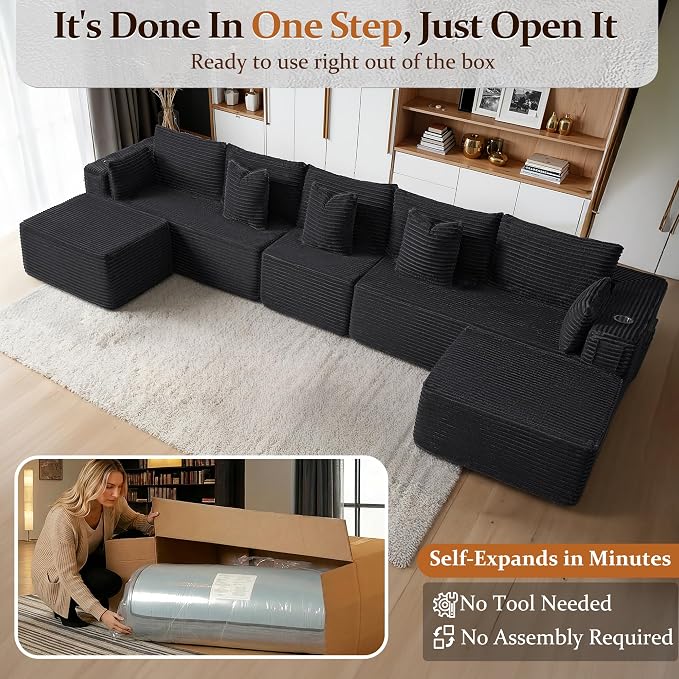 168" Cloud Sectional Couch, Comfort U Shaped Sofa for Living Room, Extra Deep Seats No Assembly, Minimalist Modular Couch, Corduroy (Black, 7 Seats,U-Shape A)