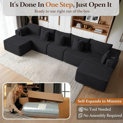 168" Cloud Sectional Couch, Comfort U Shaped Sofa for Living Room, Extra Deep Seats No Assembly, Minimalist Modular Couch, Corduroy (Black, 7 Seats,U-Shape A)