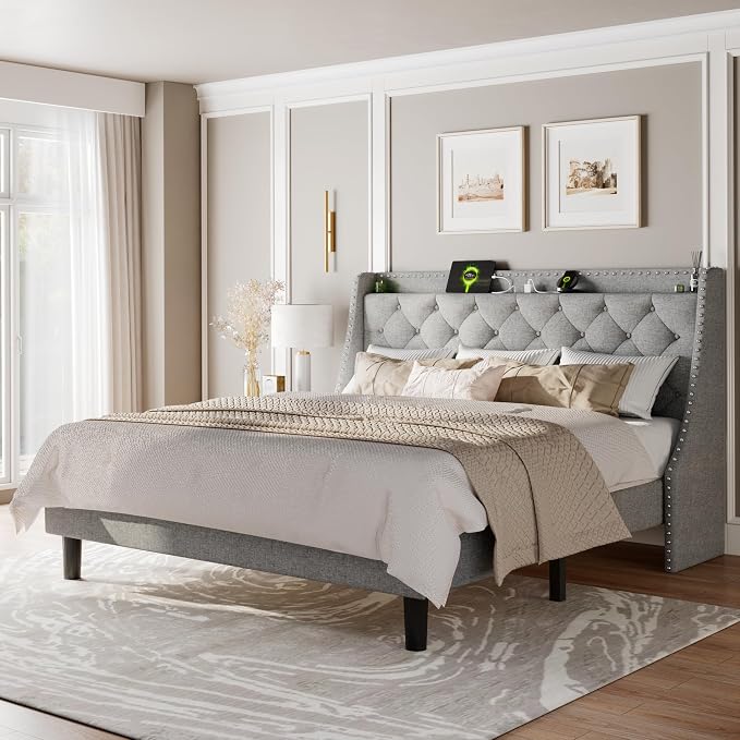 Feonase King Size Bed Frame with Luxury Wingback and Fast Charging Station, Upholstered Button Tufted Storage Headboard, King Platform Bed, Heavy Duty Wooden Slats Support, Easy Assembly, Light Gray