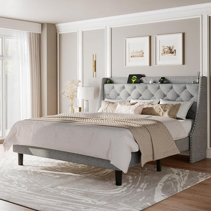 Feonase King Size Bed Frame with Luxury Wingback and Fast Charging Station, Upholstered Button Tufted Storage Headboard, King Platform Bed, Heavy Duty Wooden Slats Support, Easy Assembly, Light Gray