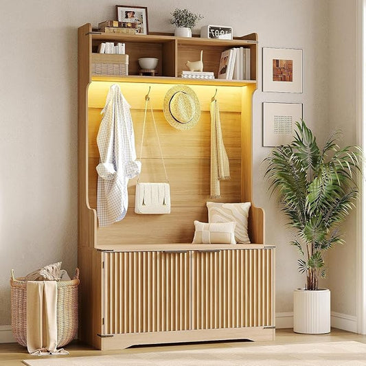 Maupvit 67" Tall Modern Boho Hall Tree with Bench and Shoe Storage, Entryway Fluted Hall Tree, Mudroom Bench with Flip Drawers, 4 Hooks, Adjustable LED Light for Garage, Living Room, Oak
