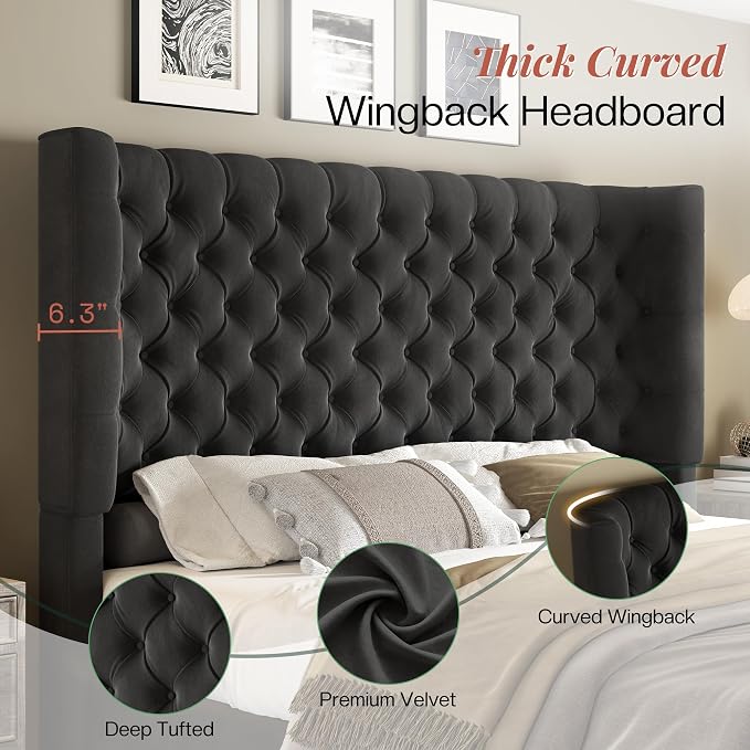 Jocisland King Size Upholstered Bed Frame with 6.3-Inch Curved Wingback Headboard, Tufted Footboard, Wood Slats, No Box Spring Needed, Black Velvet