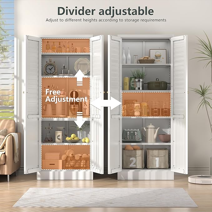 LEYNOT 61 inch Tall Kitchen Pantry Cabinet,Metal Storage Cabinet with 4 Adjustable Shelves,Freestanding Cupboard for Canned Food,Snacks,Small Appliances(White)