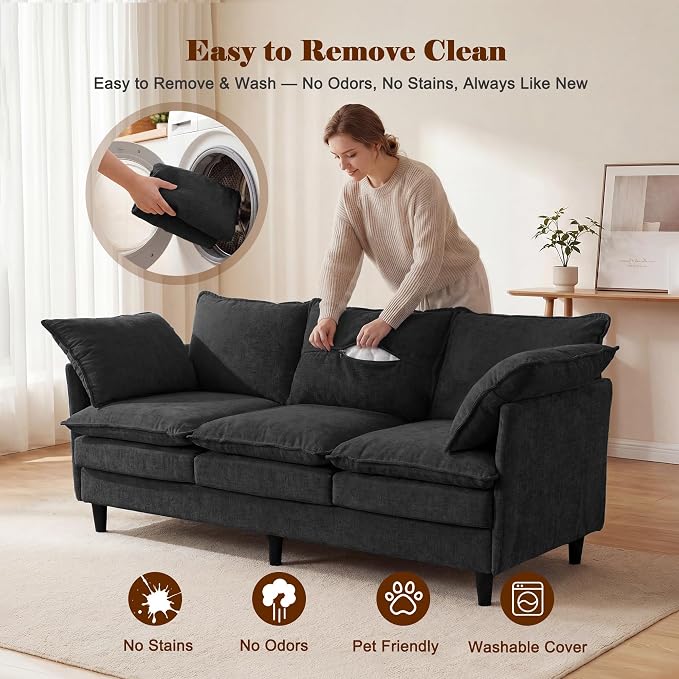 3 Seater Couch Sofa, 69" Small Couch Modern Cozy Comfy Cloud Chenille Sofa 23" Deep 1 Box & 2 Pillows & Washable Cover Couches for Living Room Bedroom Apartment Office 69-Black-1