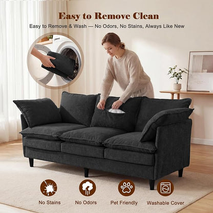 3 Seater Couch Sofa, 69" Small Couch Modern Cozy Comfy Cloud Chenille Sofa 23" Deep 1 Box & 2 Pillows & Washable Cover Couches for Living Room Bedroom Apartment Office 69-Black-1