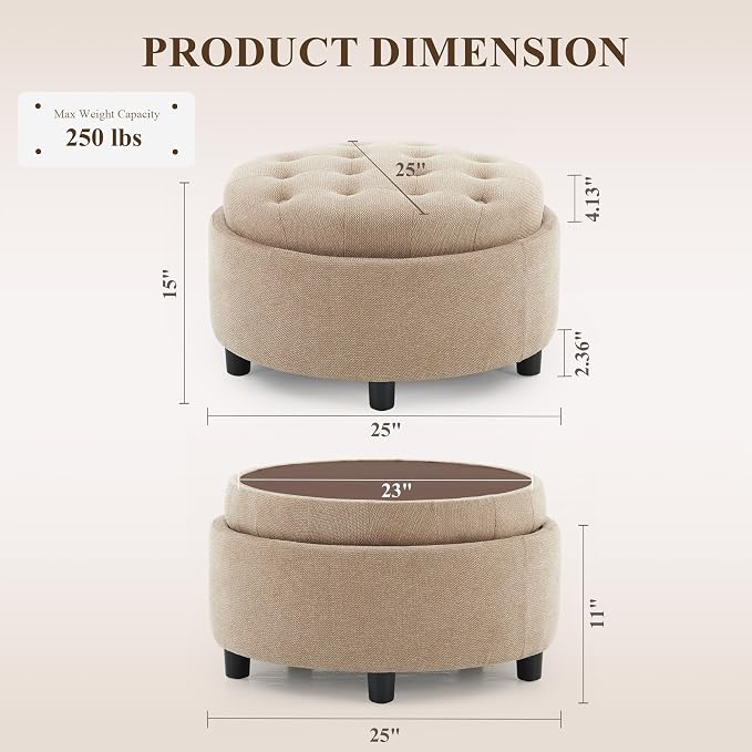COLAMY Round Hidden Storage Ottoman with Reversible Tray Lid – Multi-Functional Footrest, Sturdy & Stylish Fabric Coffee Table for Living Room, Bedroom, or Entryway, Camel