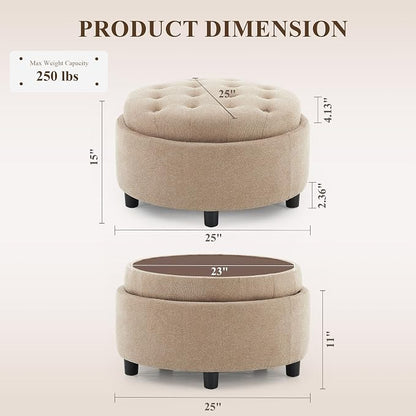 COLAMY Round Hidden Storage Ottoman with Reversible Tray Lid – Multi-Functional Footrest, Sturdy & Stylish Fabric Coffee Table for Living Room, Bedroom, or Entryway, Camel