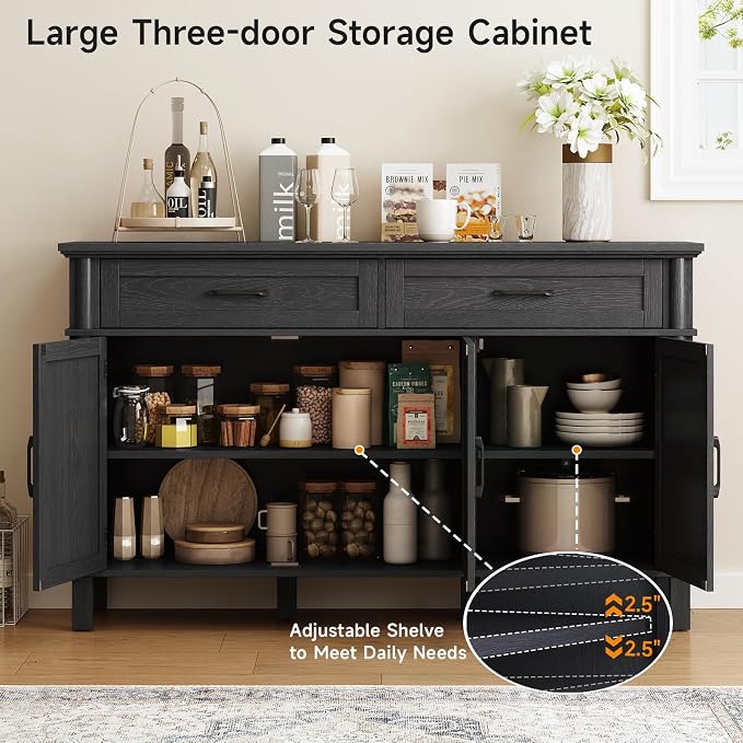 ONBRILL 55 Inch Buffet Cabinet with Storage, Farmhouse Sideboard Buffet w/2 Drawers and 3 Doors, Wood Coffee Bar Cabinet with Adjustable Shelves, Sideboard Storage for Kitchen, Living Room, Black