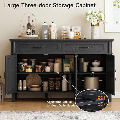 ONBRILL 55 Inch Buffet Cabinet with Storage, Farmhouse Sideboard Buffet w/2 Drawers and 3 Doors, Wood Coffee Bar Cabinet with Adjustable Shelves, Sideboard Storage for Kitchen, Living Room, Black