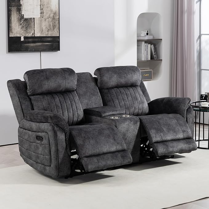 Zero Gravity Power Reclining Loveseat with Adjustable Headrest, Power Loveseat Recliner with Console, Power Loveseat Recliner Sofa with USB & Type-C Ports for Living Room(Grey)